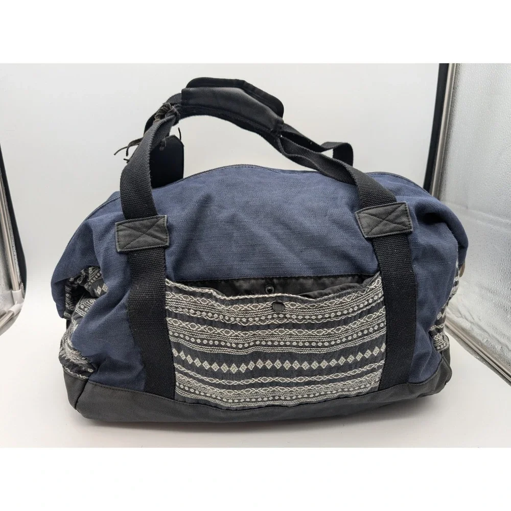 HEX Duffel Bag Blue Denim Black Canvas Geometric Pattern DT8919 Travel Weekender